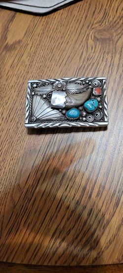 Vintage Signed Navajo Sterling Silver Bear Claw Belt Buckle - L. Hildreth - 63g Turquoise Coral