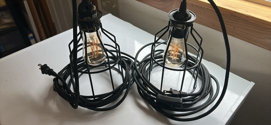Pair of Industrial Cage Pendant Lights