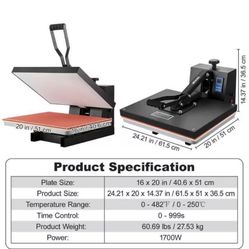 Heat Press Machine 16 in. x 20 in. Clamshell Sublimation Transfer Printer Teflon Coated Silica-Gel S