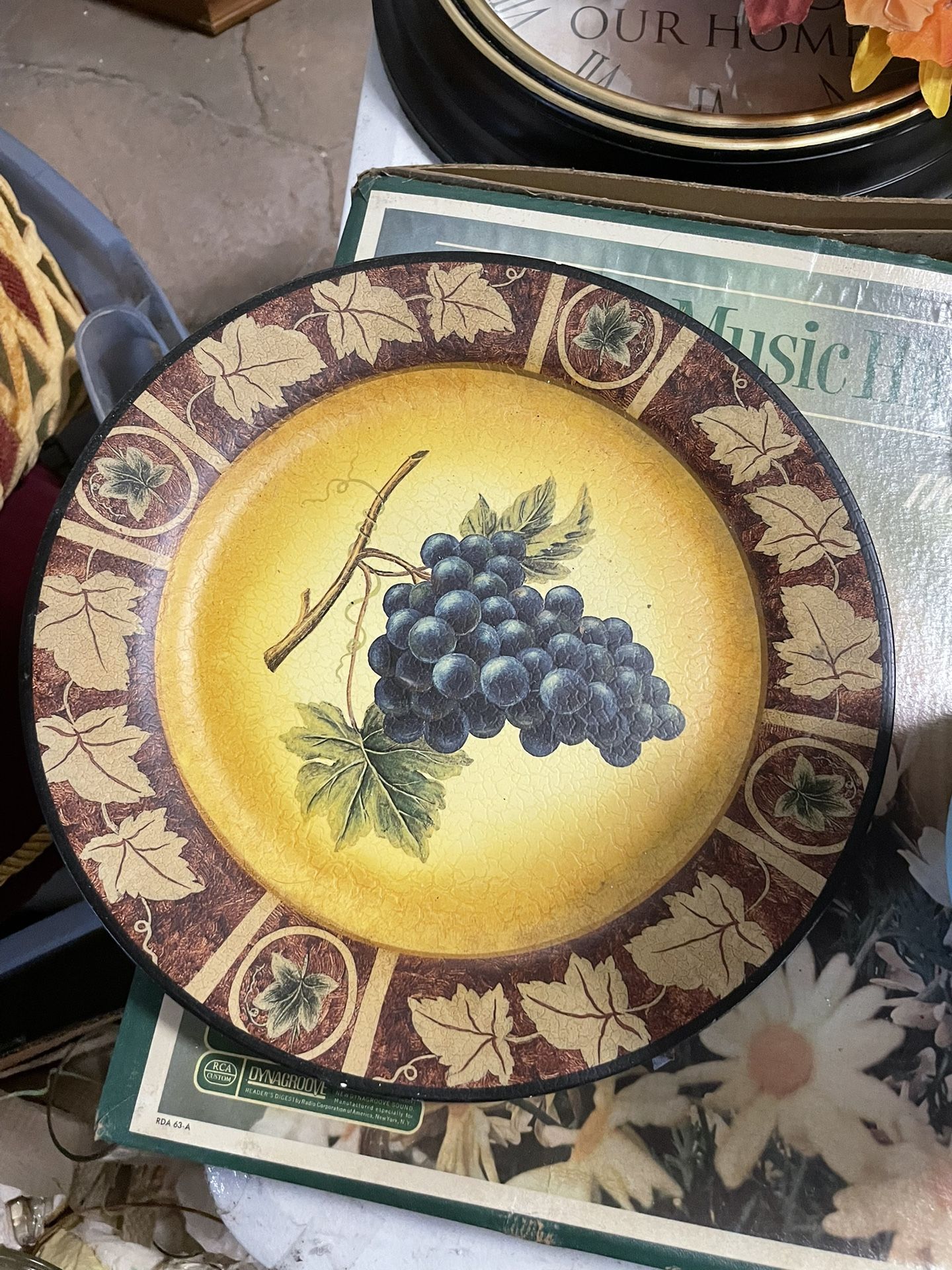 Vintage Plates 2.00 Each High Heel Decor 5.00 Clock 10.00 Shampooer 25.00 Jazz Picture 3.00 Birch Picture 5.00 Vintage 3piece Picture Grapes 25.00
