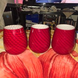 3 MURANO-STYLE HANDBLOWN RED & WHITE GLASS PENDANT LIGHT SHADES~SCALE PATTERN