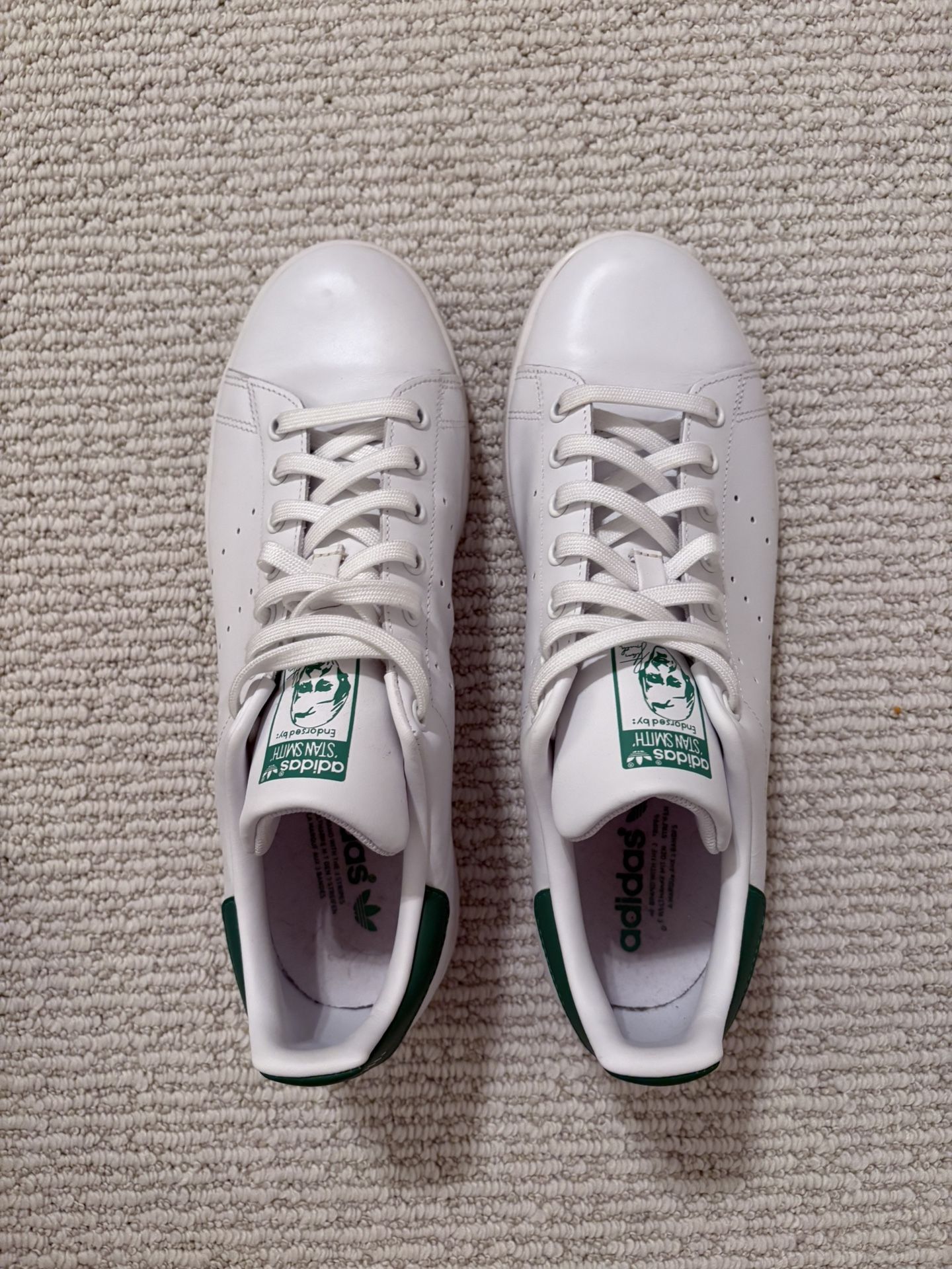 EUC MENS STAN SMITHS WHITE LEATHER AND GREEN ADIDAS SZ 11