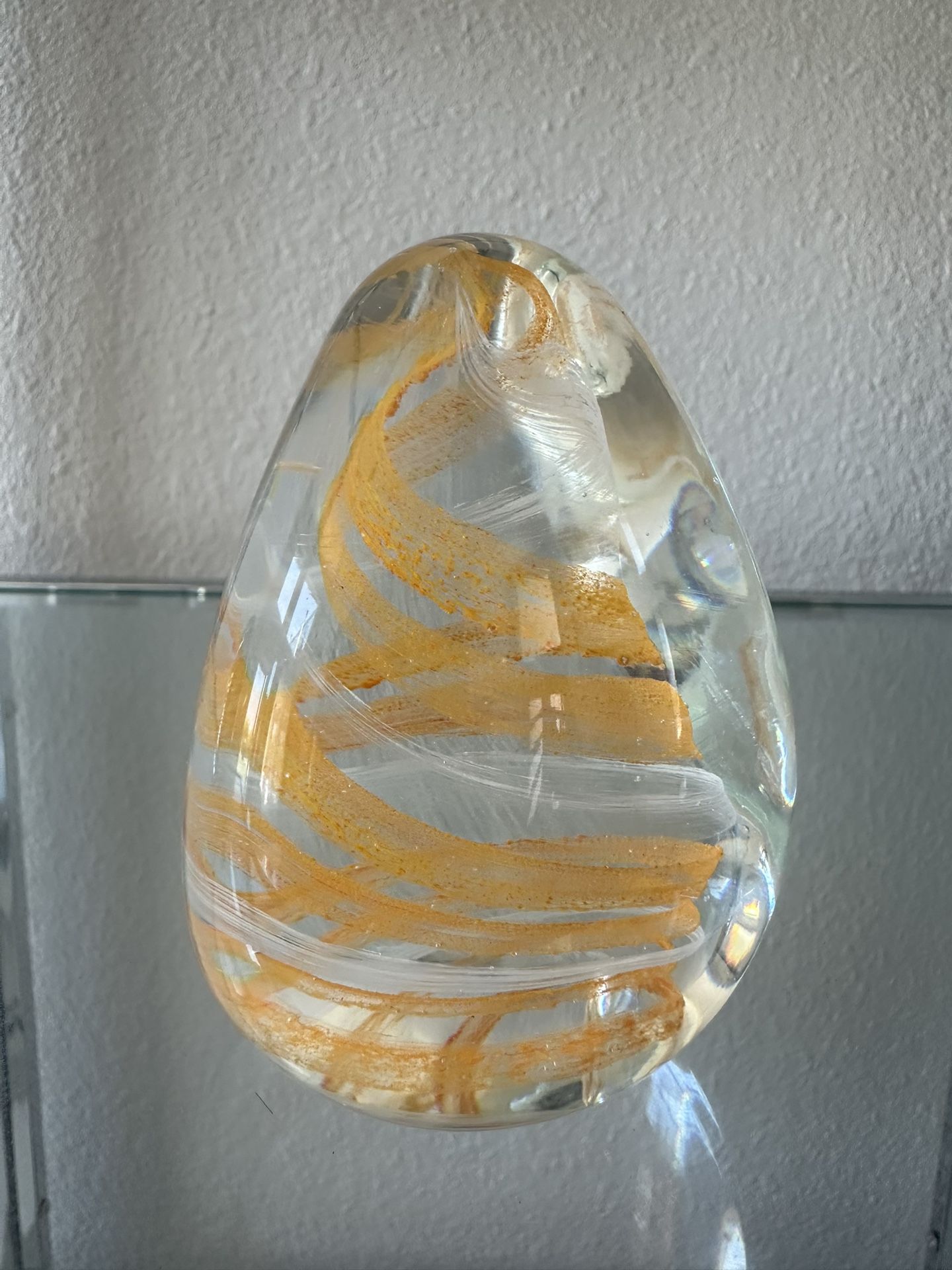 Orange & White Swirl Egg Shaped Glass Paperweight