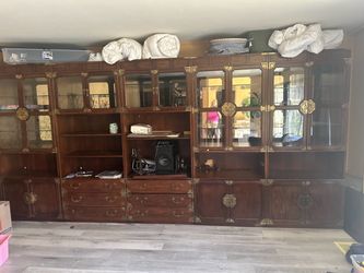 Large Asian Style 5-Piece Wood Wall Unit with Brass Hardware