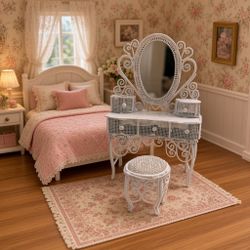 New Miniature White Metal Vanity Set with Mirror and Stool