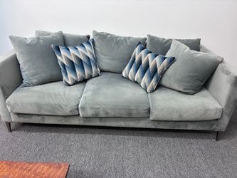 Light Blue-Grey Velvet Sofa - 3-Seat Oversized Couch with Throw Pillows