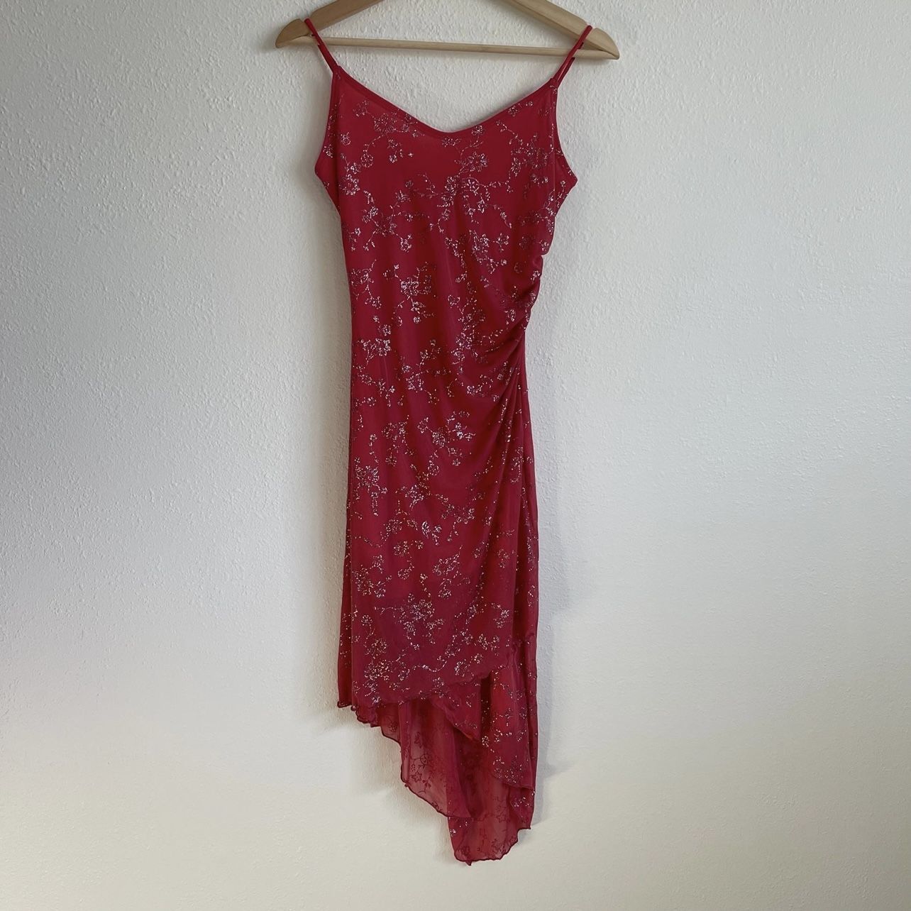 TABOO Vintage 90s Y2K Red Pink Floral Glitter Ruched Asymmetrical Mini Dress
