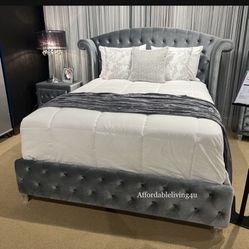 Queen Grey Velvet Bed Frame Brand New In Box
