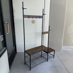 New In Box 40x13x71Inch Tall Metal And Wood Garment Stand Coat Clothes Shoe Rack Hanger With Shelf Organizer Rustic Brown 