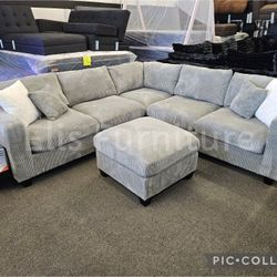 Brand New Sectional Grey Corduroy Fabric W/ Ottoman $599 