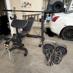 Bench press/squat rack with 7ft bar plus 240lbs total plus curl bar