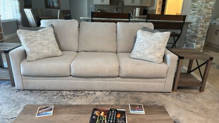 Light Gray Fabric Sofa with Throw Pillows