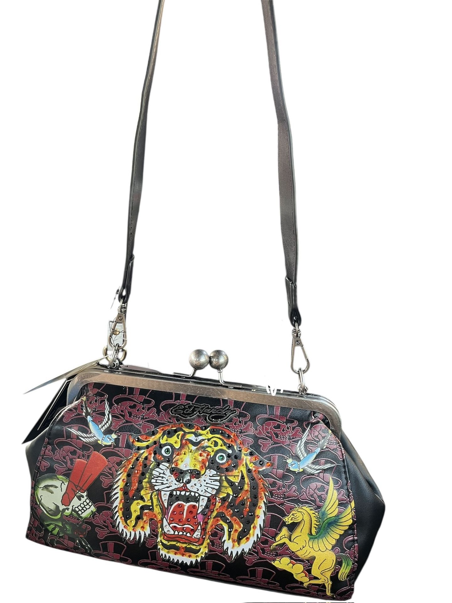 Ed Hardy Tiger Clasp Shoulder Bag W/ Rhinestone & Tattoo Graphic Design
