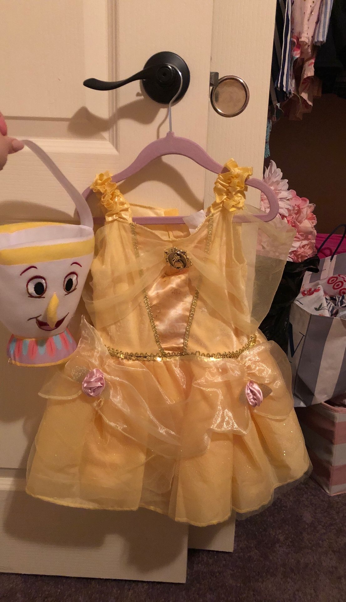 Disney Princess Halloween costume with tea cup for candy