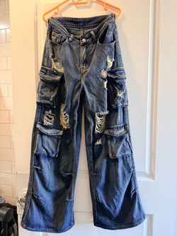 Distressed Wide-Leg Cargo Jeans