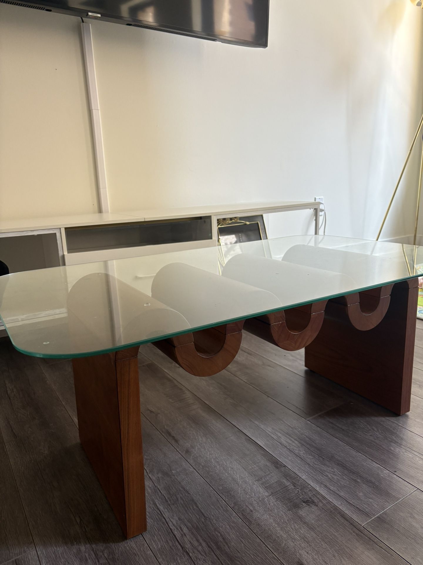 Wood Funky Coffee Table. Glass Top.
