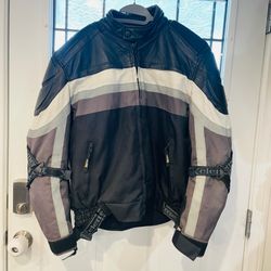 Xelement Mens Large Black Leather & Textile Armor Motorcycle Bike Jacket White Gray Stripe