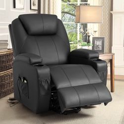 New Electric Recliner Chair for Elderly, Living Room Recliner Sofa with Massage and Heat, Side Pockets and Cup Holders (Leather, Black) New in box sk