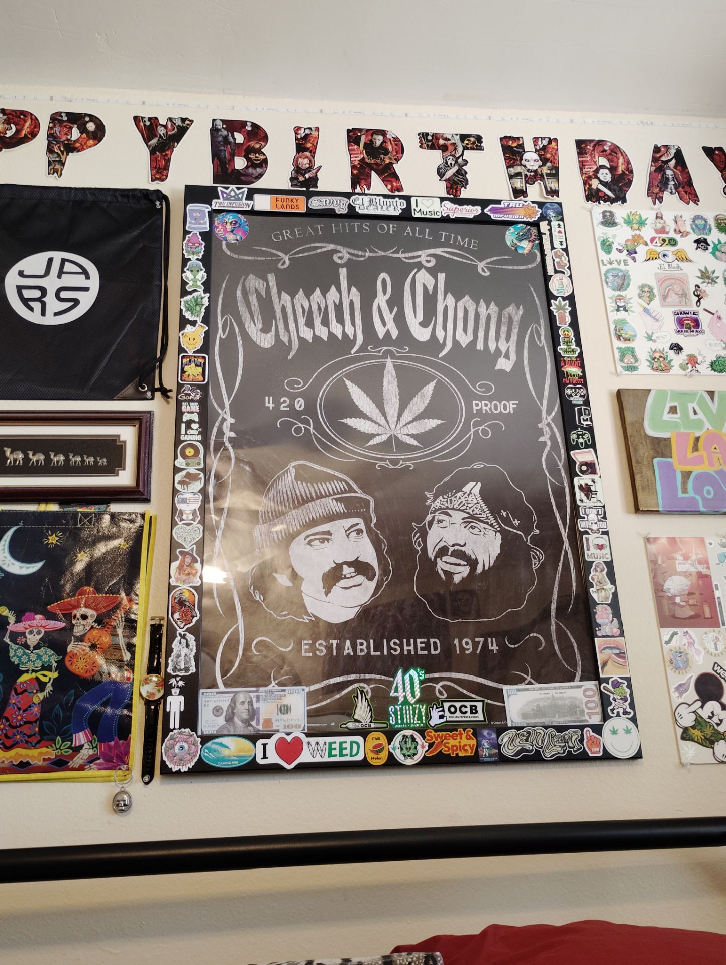 Cheech & Chong Poster w/frame and added on stickers that I put on there over time