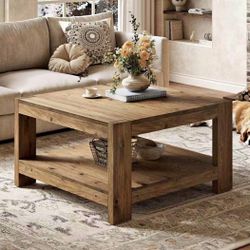 YT0027 31.5 in. Brown Square Solid Wood Coffee Table, 2-Tier Farmhouse Center Tea Cocktail Table wit