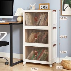 Storage Bins Lid, 3 Pack Stackable Plastic Collapsible Cabinet, Foldable Organizer with Wheel, and Double Door White