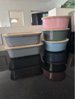 5-Piece Enamel Food Storage Container Set with Bamboo Lids