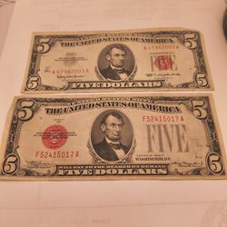 2 five dollar bills red seals 6o.00