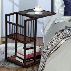 2-Tier Accent C Shape Side/End/Coffee Table with Metal Mesh Storage Basket
