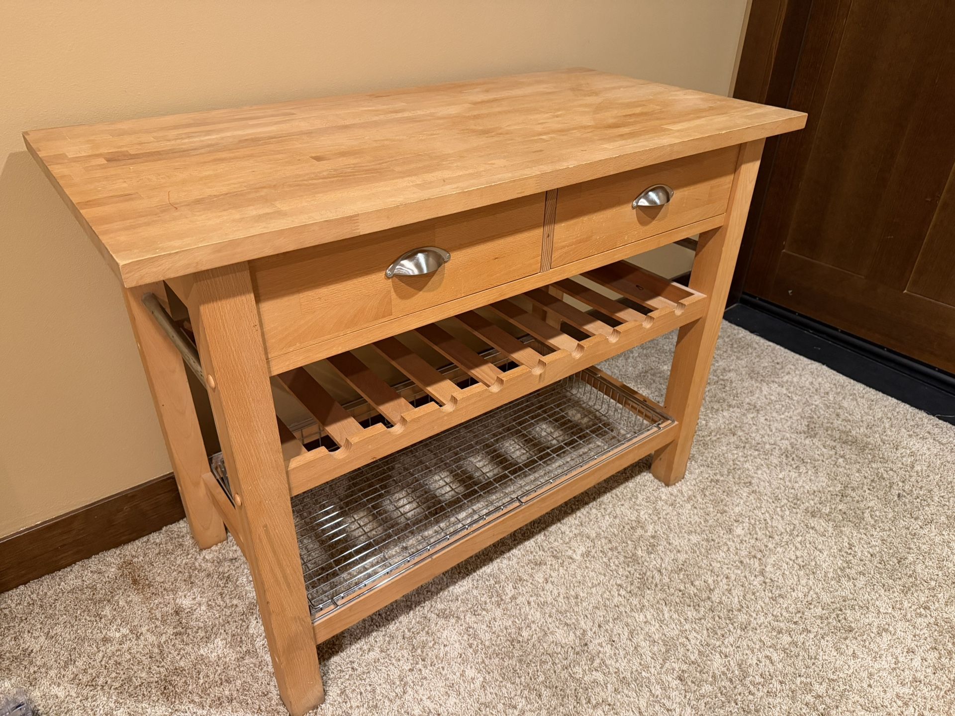 Crate & Barrel Solid Wood Kitchen Island w/ Drawers + Wine Storage