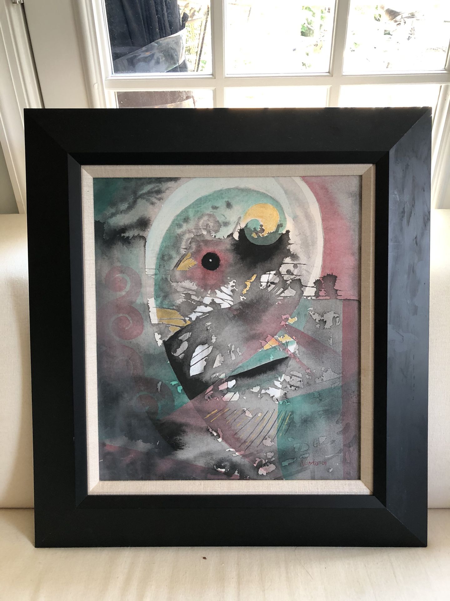 Framed original abstract watercolor on canvas