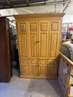 Traditional Oak Computer Armoire with Fold-Out Desk & Storage