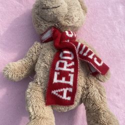Aeropostale Teddy Bear Tan Plush Toy Stuffed Animal With Chill Knit Red Scarf