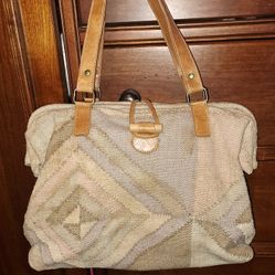 Vintage Tapestry Carpet Bag Purse Leather Handles / Closure