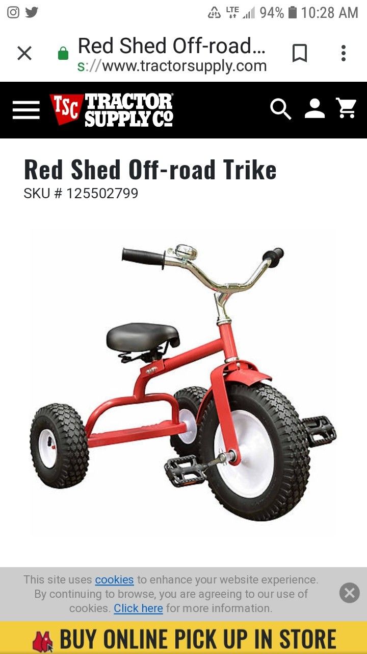(2) BRAND NEW, RED SHED, TRACTOR SUPPLY, 3-WHEEL ALL-TERRAIN TRIKES