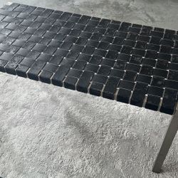Original Filene’s Basement Stainless Steel + Leather Bench 