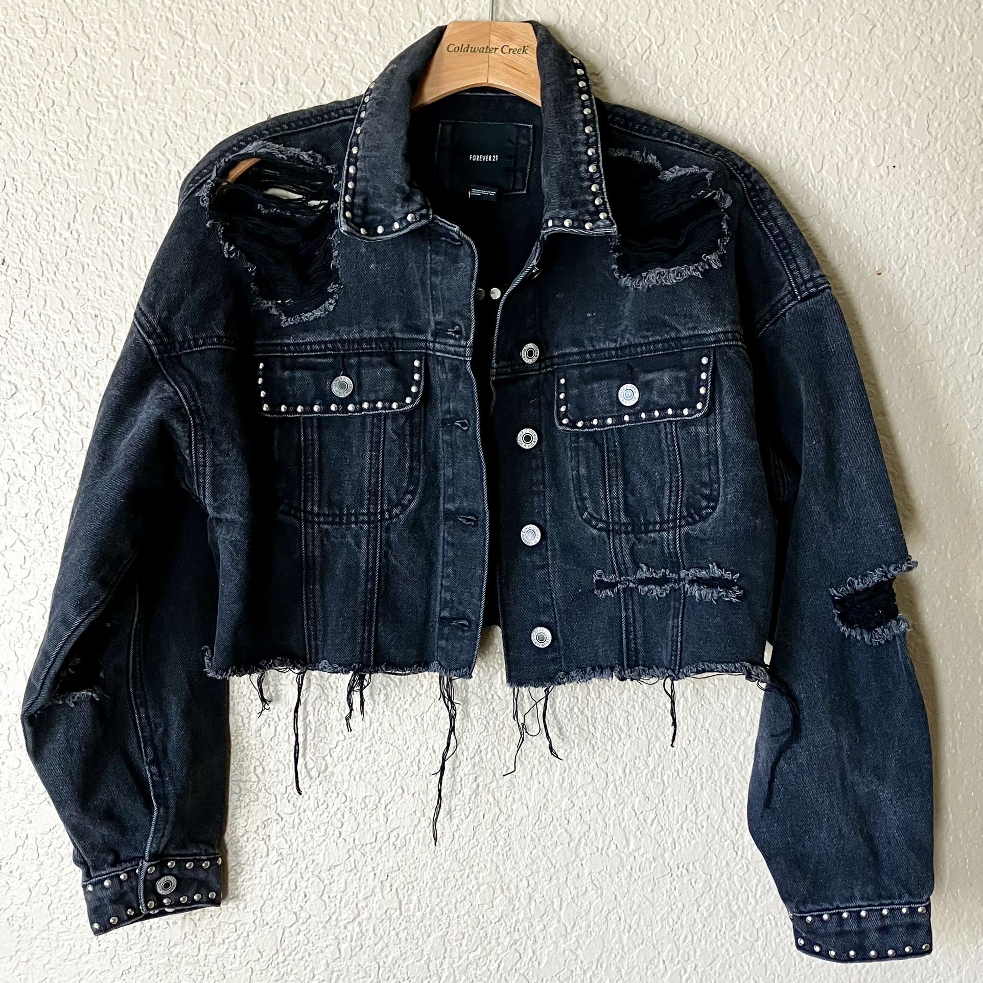 F21 Distressed Crop Denim jacket