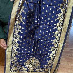 BLUE GOLDEN India BANARSI Art Silk Dupatta Wrap Scarf Stole Chunri shawl HIJAB