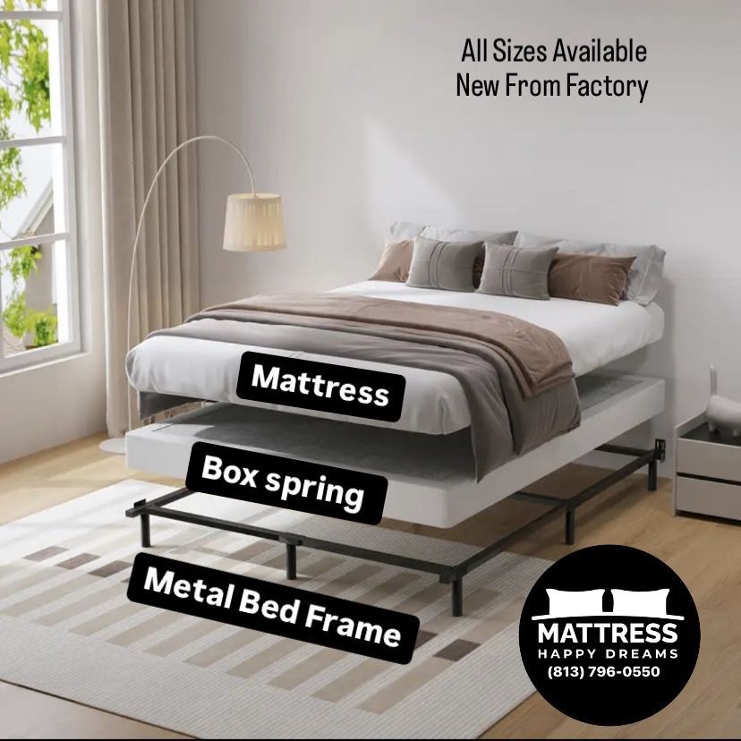 Twin Size Mattress 10 Inches Set With Box Springs And Metal Bed Frame New From Factory Delivery Same Day