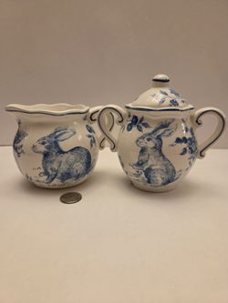 Blue and White Bunny Ceramic Creamer and Sugar Bowl Set