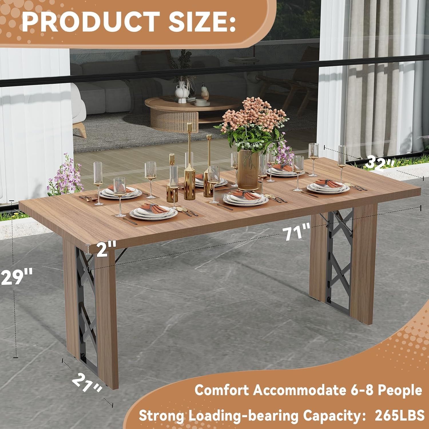 0947 Dining Table for 6-8 People, 71 Inch Wood Rectangular Farmhouse Kitchen Table, Large Industrial Dinner Table with Strong Metal Frame for Dining R