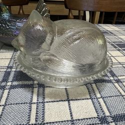Vintage Indiana Glass Kitten On Nest Candy Dish