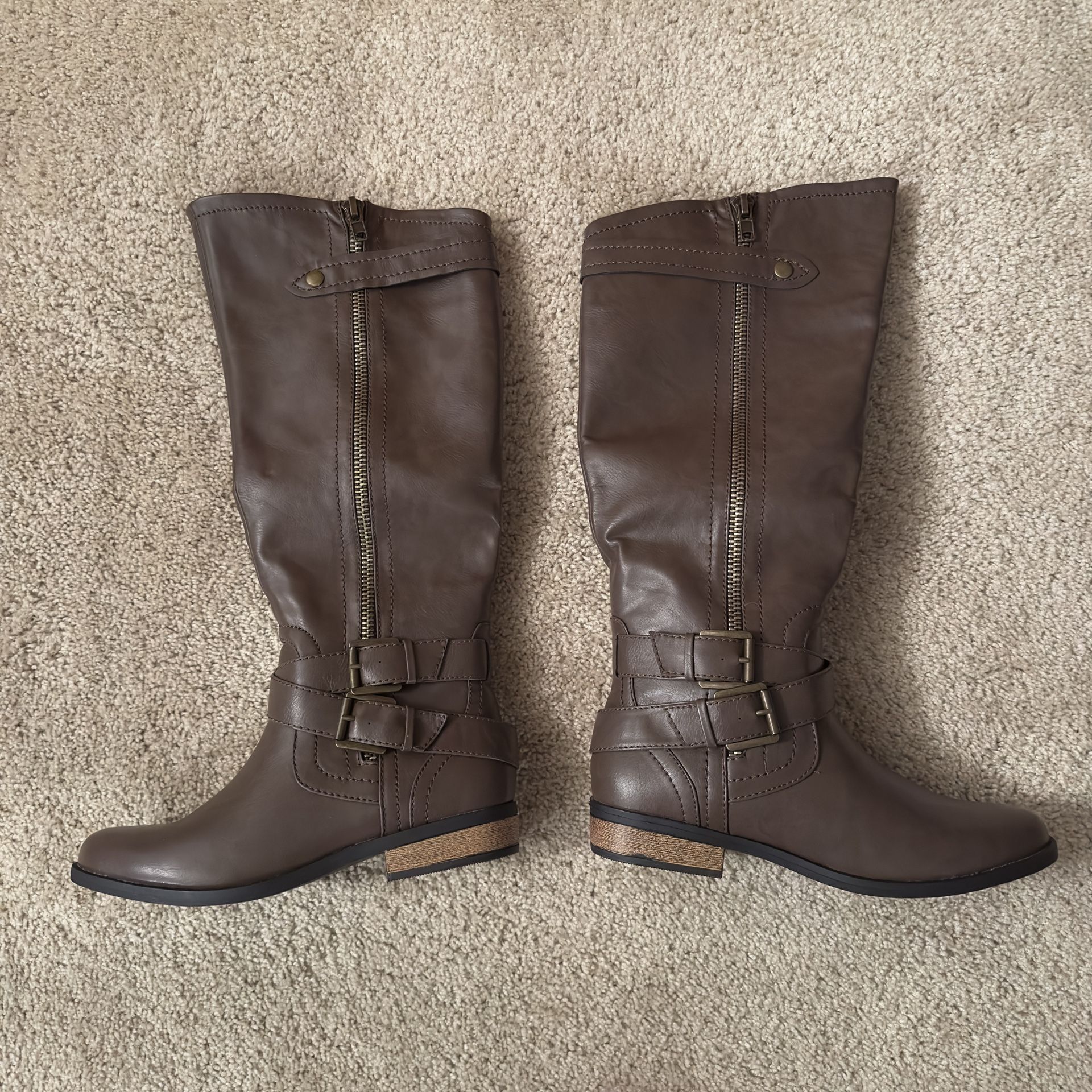 The Rampage Women's Brown Smooth Faux Leather Knee High Hansel Boots in size 8.5