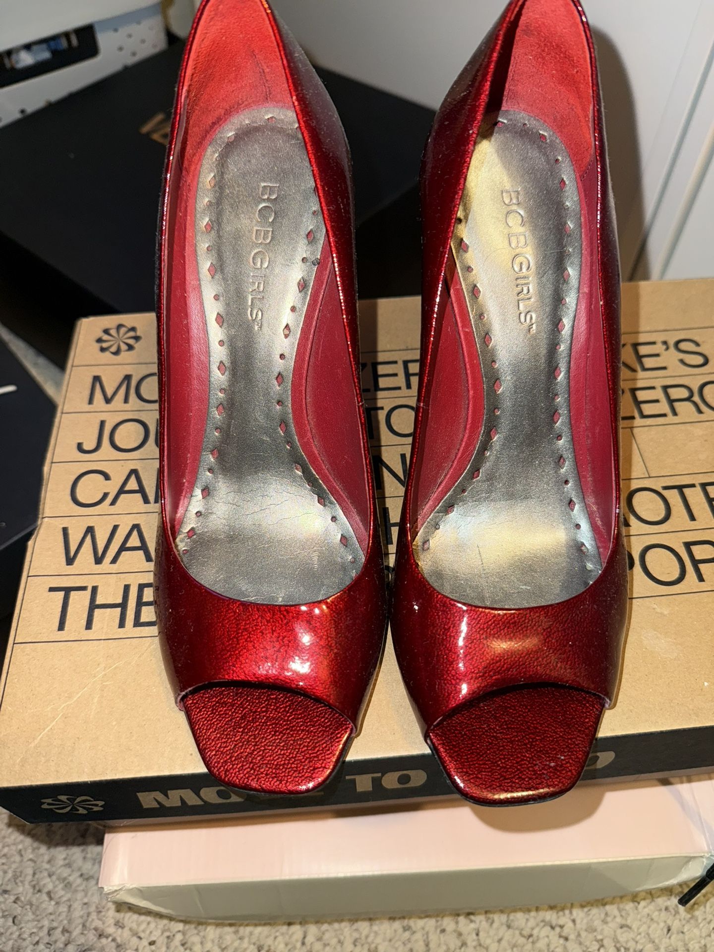 BCBG Ruby Red Open Toe High Heels