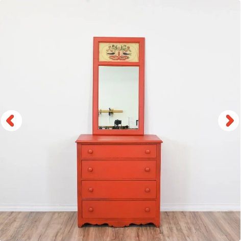 Vintage Red Dresser with Mirror and Bird Decor 