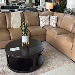 Light Caramel Leather L Shaped Sectional Couch 
