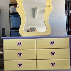 Butterfly Purple And Yellow Girls TWIN Bed frame And Dresser With Mirror