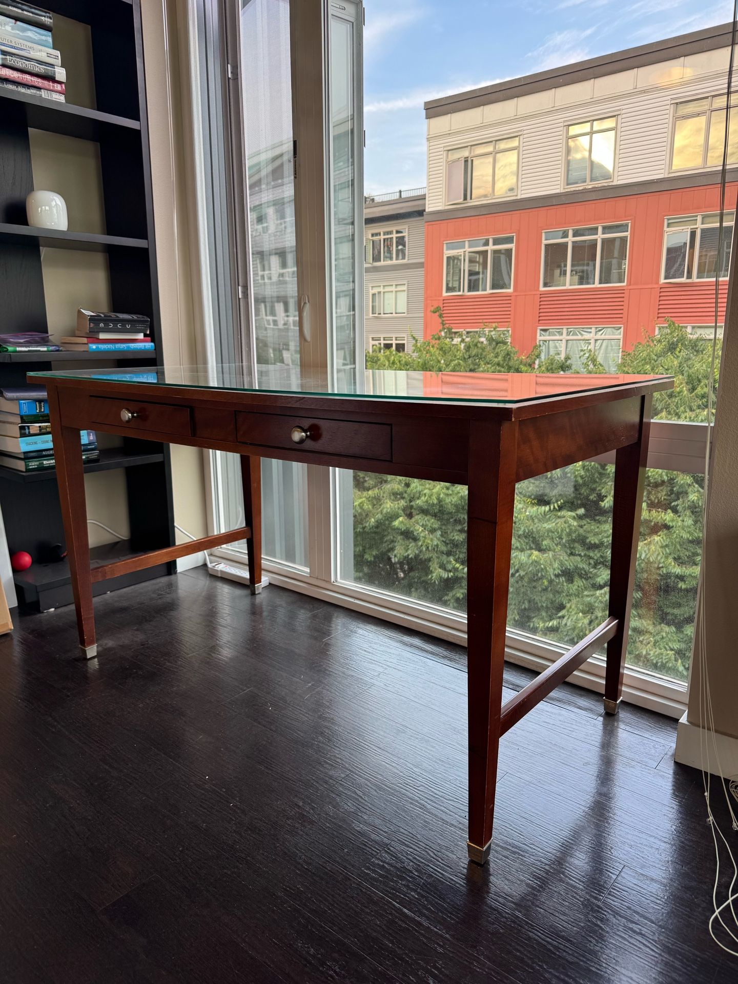 Mid-Century Modern Wood Writing Desk with Glass Top