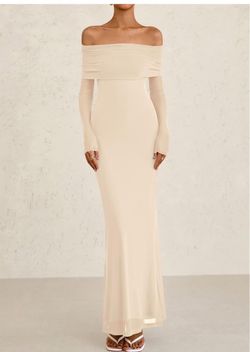 PRETTYGARDEN Fall Dresses for Women 2025 Elegant Off The Shoulder Long Sleeve Formal Wedding Guest Bodycon Maxi Dress (Apricot,Large) @ Condition: New