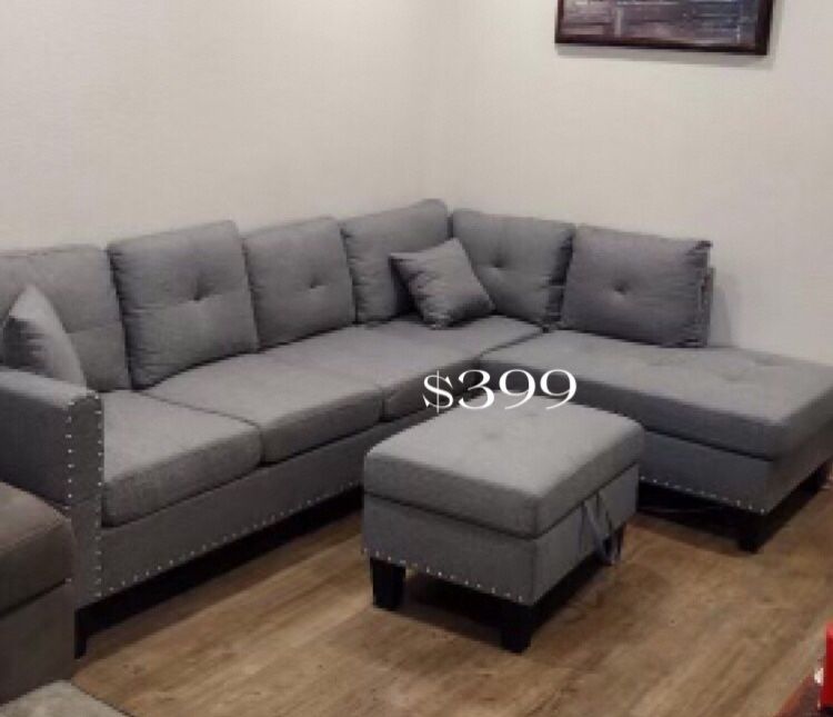 Elegant Taupe Gray Sectional Sofa With 2 Cup Holders + Storage Ottoman Brand New