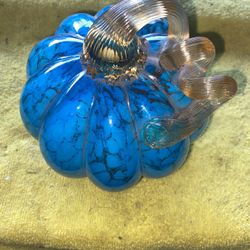 Hand Blown Art Glass Pumpkin Various Blues Yellow Swirl Stem Beautiful Very Nice